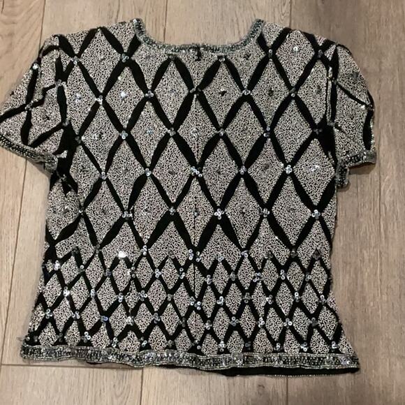 Papell Boutique Black Silver Sequins Blouse Top 100% Silk Glam Bling 90s Size M - Picture 11 of 11